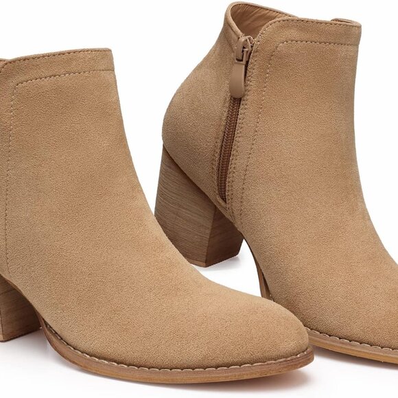 Women's Ankle Boots Heel: Chunky Low Heeled Almond Toe Short Booties with Zipper - Picture 6 of 6